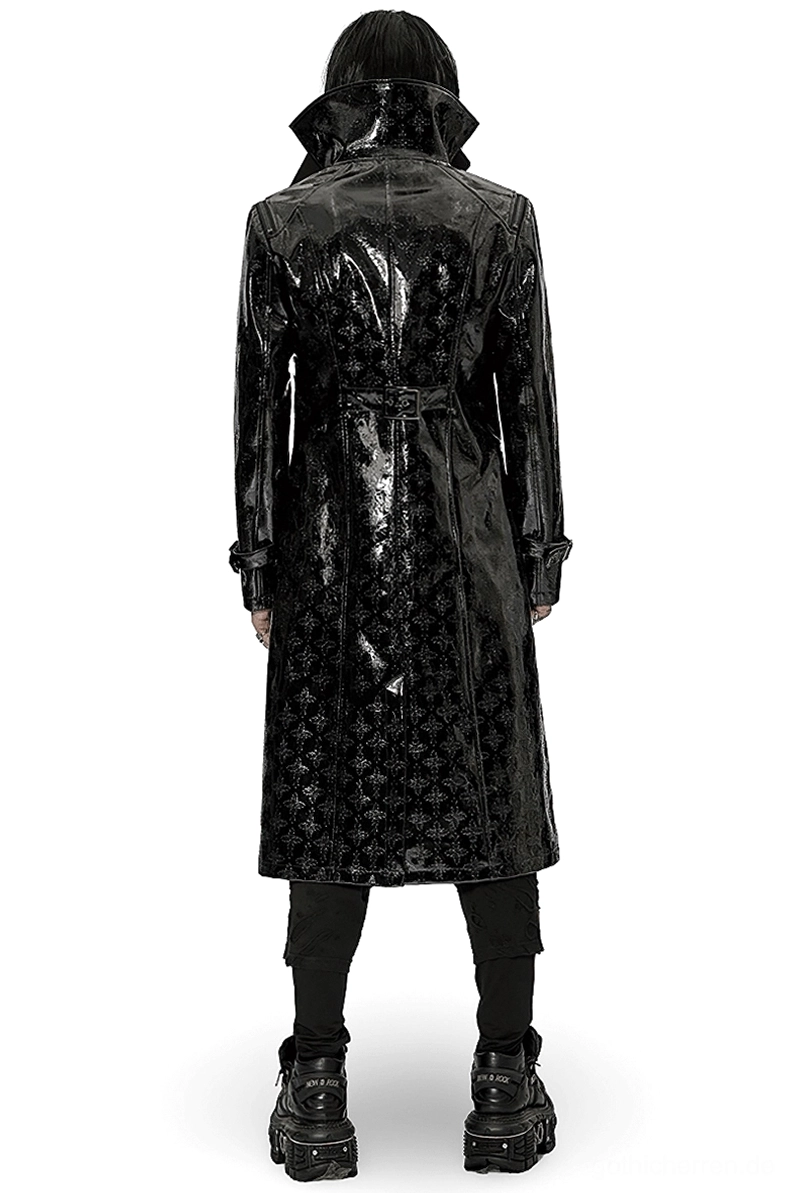 Gothischer Lackleder-Trenchcoat Rückseite mit durchgehenden geprägten Kreuzmotiven, Gürtelbuckle und strukturiertem Design