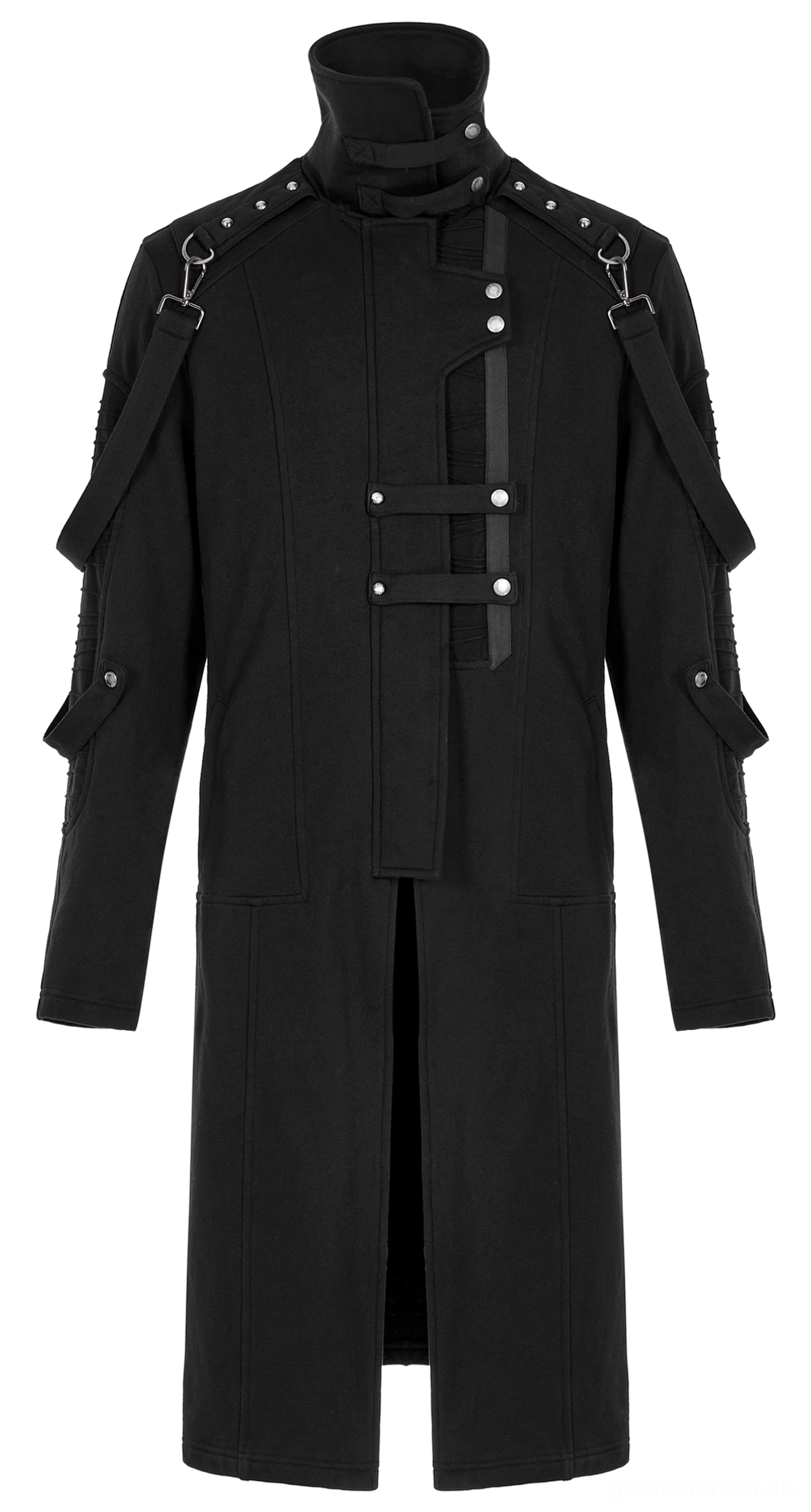 Schwarzer Gothic Trenchcoat - dekorative Vordergurte und Metalldruckknopf-Befestigungen-Details auf weißem Hintergrund vergrößert