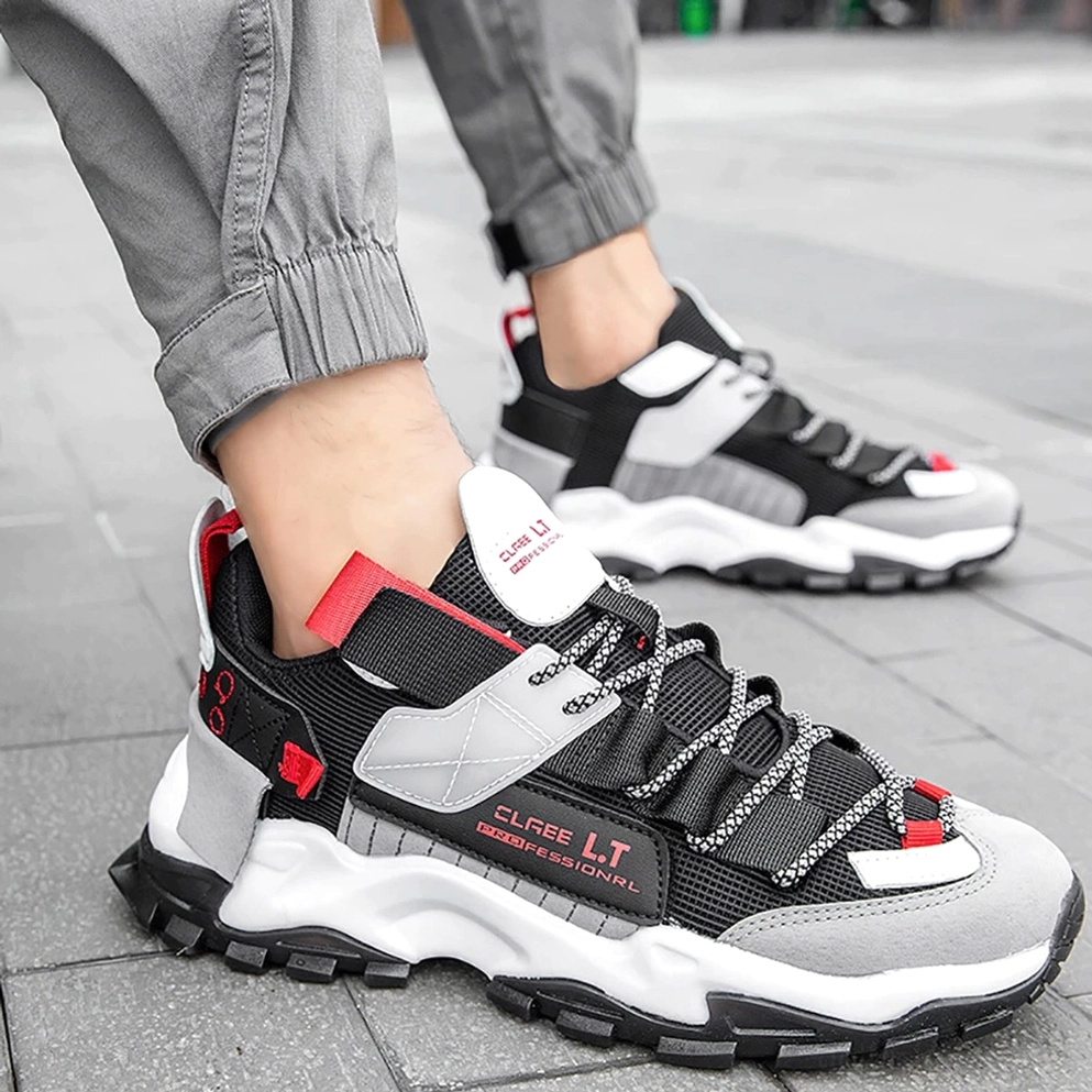 Dunkle romantische Turnschuhe Profilansicht atmungsaktive Mesh-Oberseite Premium-PU-Leder-Material-Konstruktion hochwertiger Aufbau