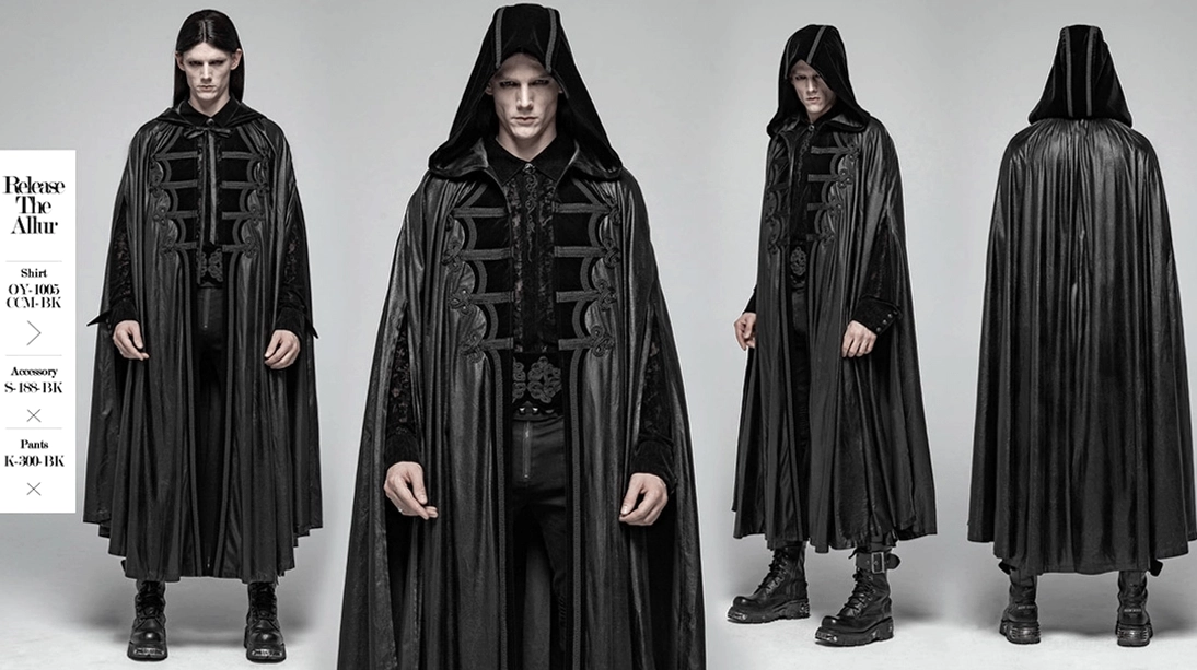 Gothic Umhang mit Kapuze bodenlang Rückansicht – Satin-Drapierung und Kapuzen-Befestigungsdetail mit eleganter Länge