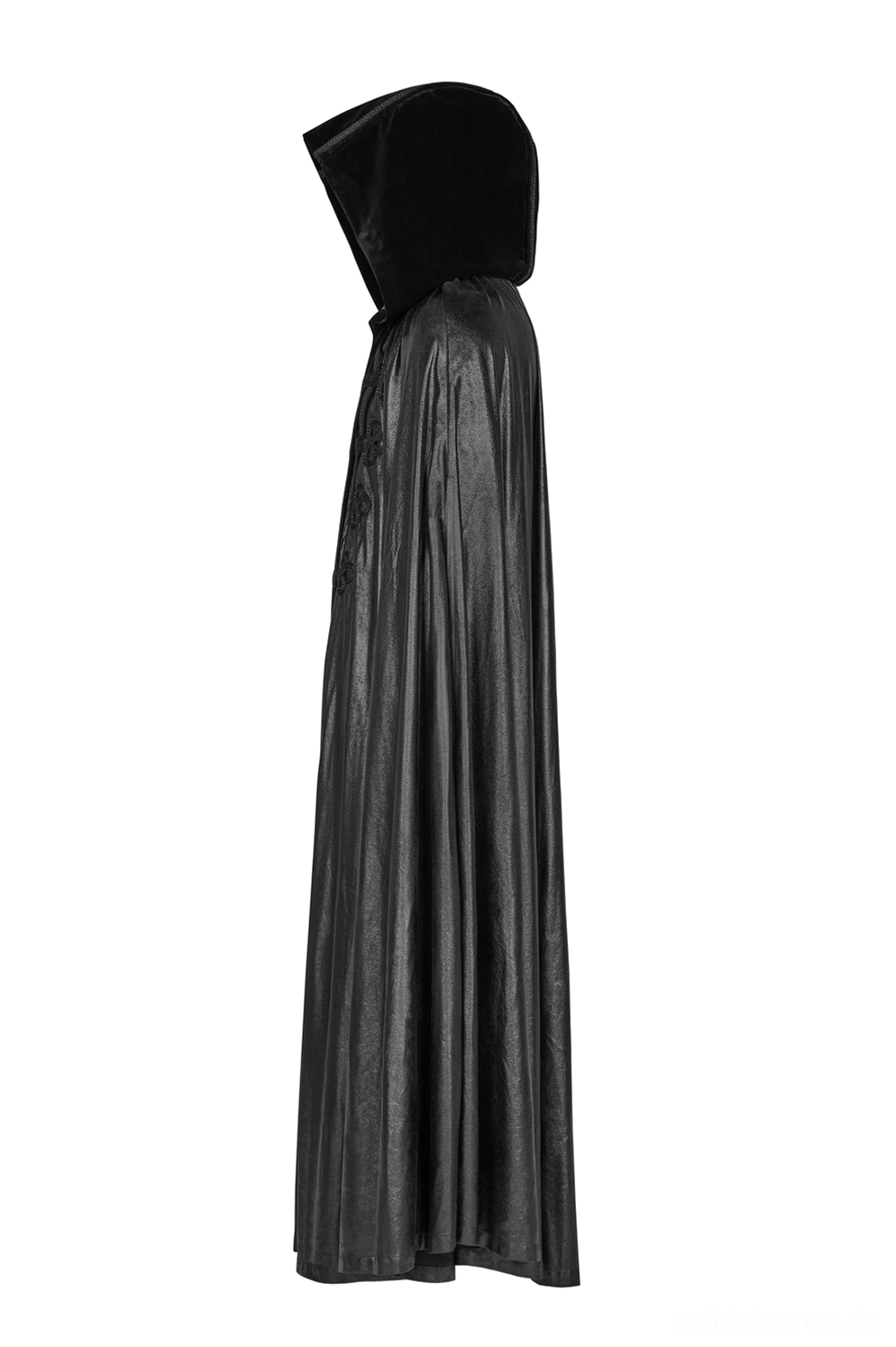 Schwarzer Gothic Umhang Seitenansicht – strukturierte Kapuze mit eleganten drapierten Stofffalten und Bewegungsfluss