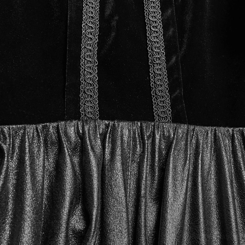 Gothic Umhang geflochtene Stickerei-Bordüre Nahaufnahme – Vorder-Trim mit Samtpaneel-Akzenten und handwerklichen Details
