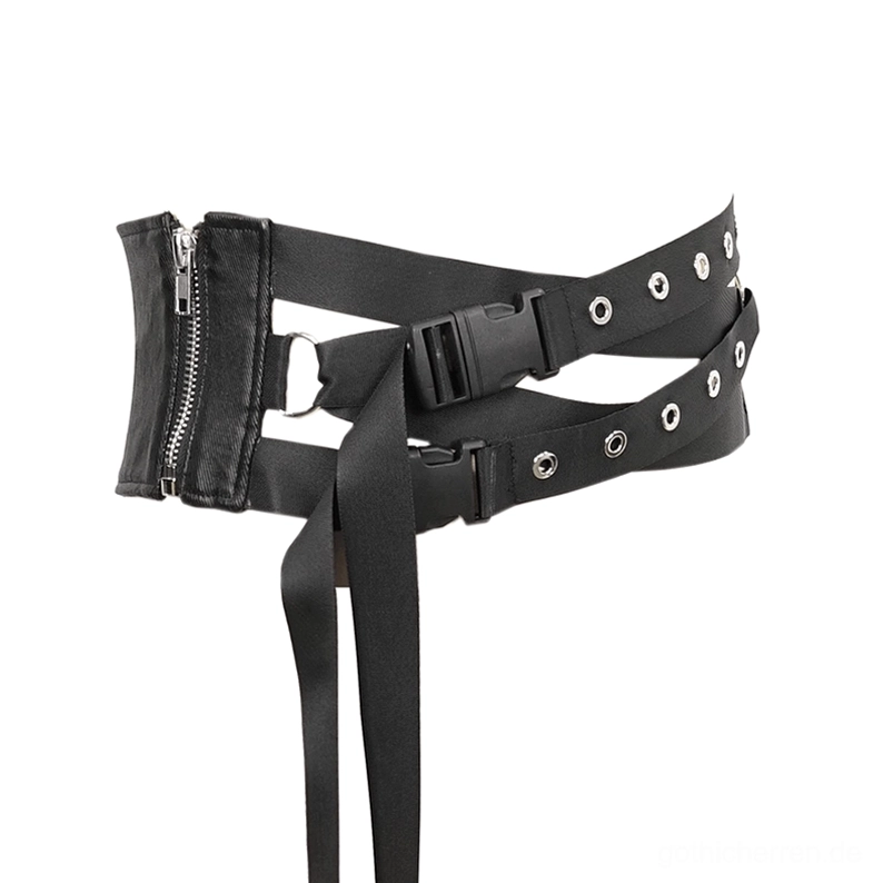 Seitenwinkel-Flat-Lay des utilitären gotischen Taillengürtels mit Seitenverschluss-Details und Metallhardware, schwarze Konstruktion mit Verstellmechanismus