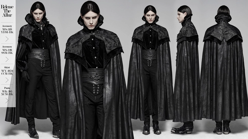Dramatische Vollkörper-Präsentation des Gothic Vampir Mantels mit bodenlanger Designkonzeption und theatralischer Wirkung gegen neutralem Hintergrund