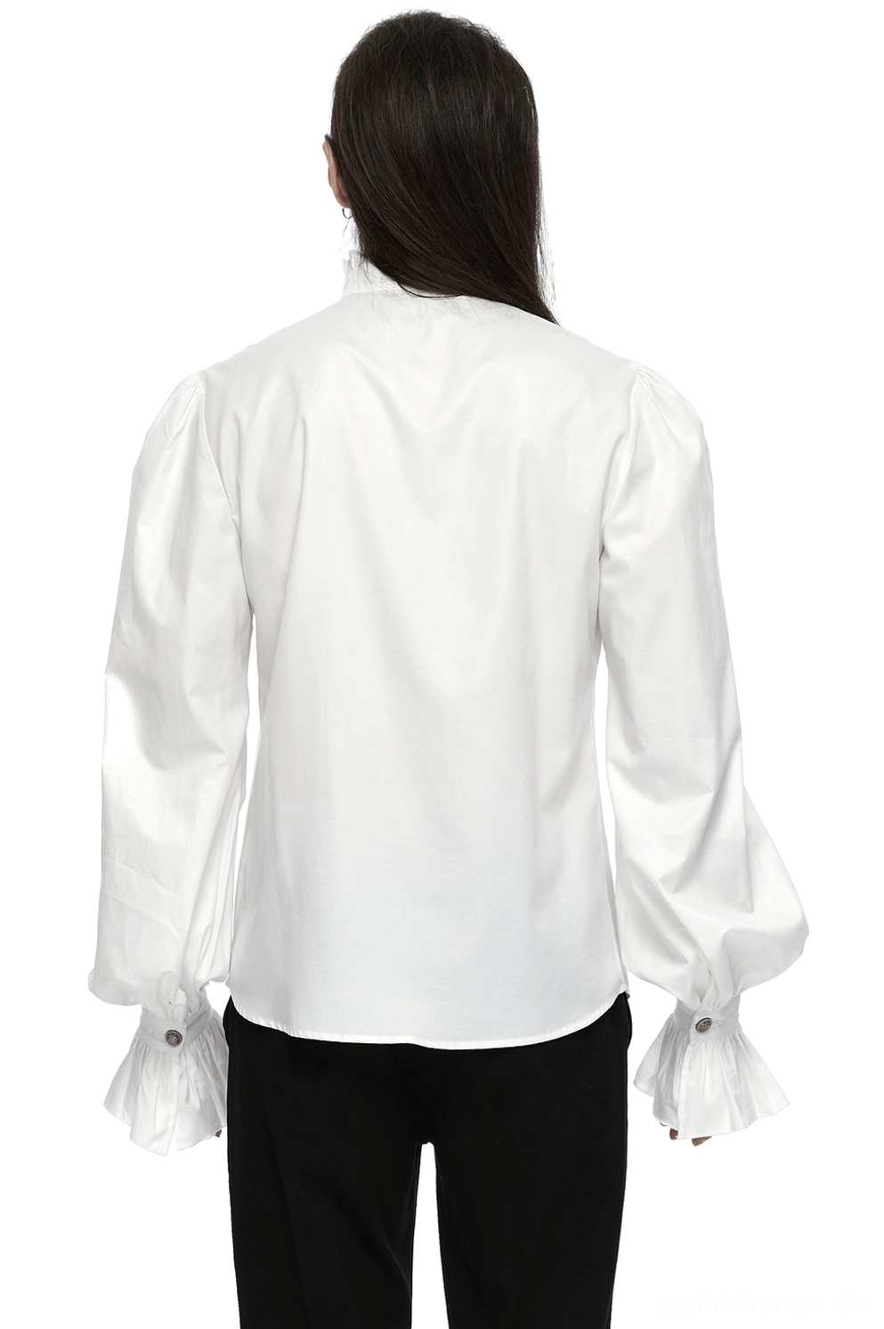 Gothic Victorian Hemd mit Bubbleärmeln Rückansicht, Ansicht der minimalistischen Rückseite und voluminöser Ärmel, getragen auf Model mit schwarzer Hose