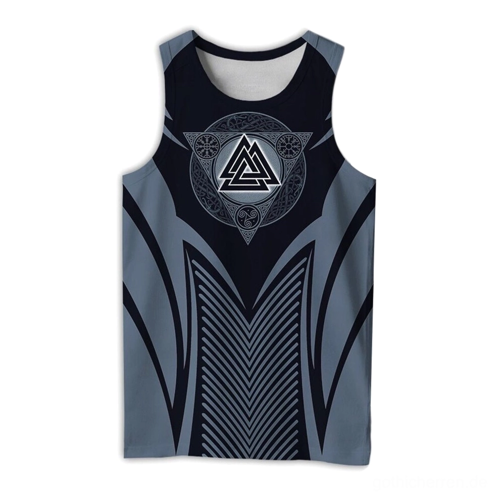 Gothic Viking Herren Muskelshirt ärmellos mit Valknut keltischen Knoten 3D Druck Vorderansicht dunkelblau grau
