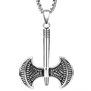 Gothic Viking Tomahawk Doppelkopf-Axt Halskette Edelstahl Frontansicht weiß Hintergrund Krieger Amulett
