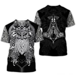 Schwarzes Gothic Viking T-Shirt Rückansicht mit silbernem Mjölnir Thor Hammer und nordischen Runensymbolen, wikingische Mythologie Print mit authentischen Knotenmustern auf Rückseite