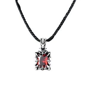 Unisex gotischer Edelstein-Anhänger Halskette mit rotem rechteckigem Stein und schwarzem Wachsseil in flacher Draufsicht – Wassertropfen Design mit facettiertem Stein und Edelstahlrahmen
