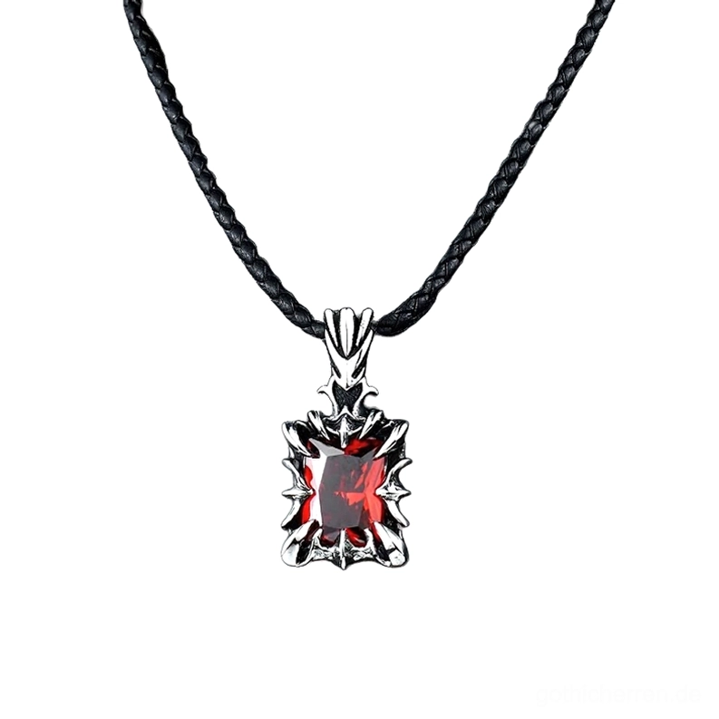 Unisex gotischer Edelstein-Anhänger Halskette mit rotem rechteckigem Stein und schwarzem Wachsseil in flacher Draufsicht – Wassertropfen Design mit facettiertem Stein und Edelstahlrahmen