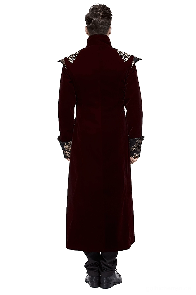 Gothic weindunkler langer Mantel Rückansicht mit taillierten Silhouette und Gold-Schulterdetails aristocratisch formal viktorianisch