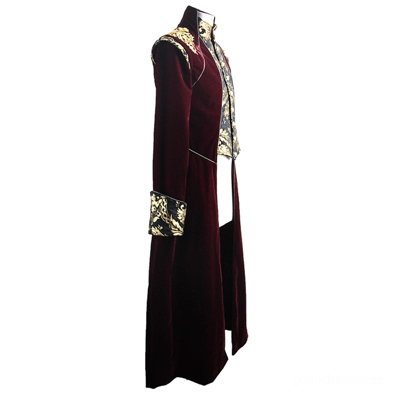 Rechtes Seitenprofil weindunkler Gothic-Gehrock mit langem Schweif und Gold-Dekorativtrimmen formal tailiert aristocratisch