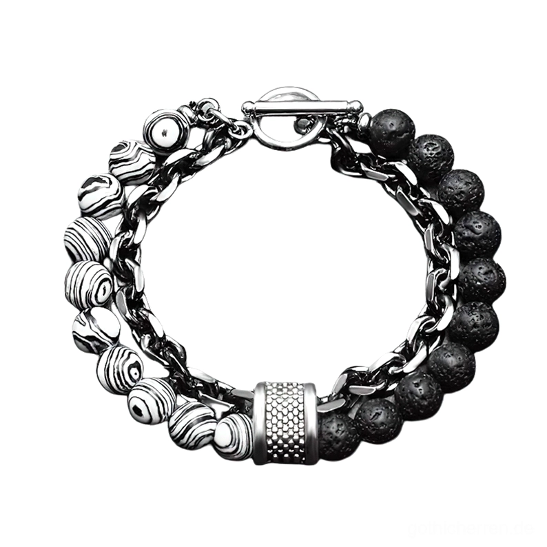 Weiß gestreifter und schwarzer Lava-Perlen gotisches Armband – monochromes alternatives Schmuck-Design mit Edelstahl-Zubehör