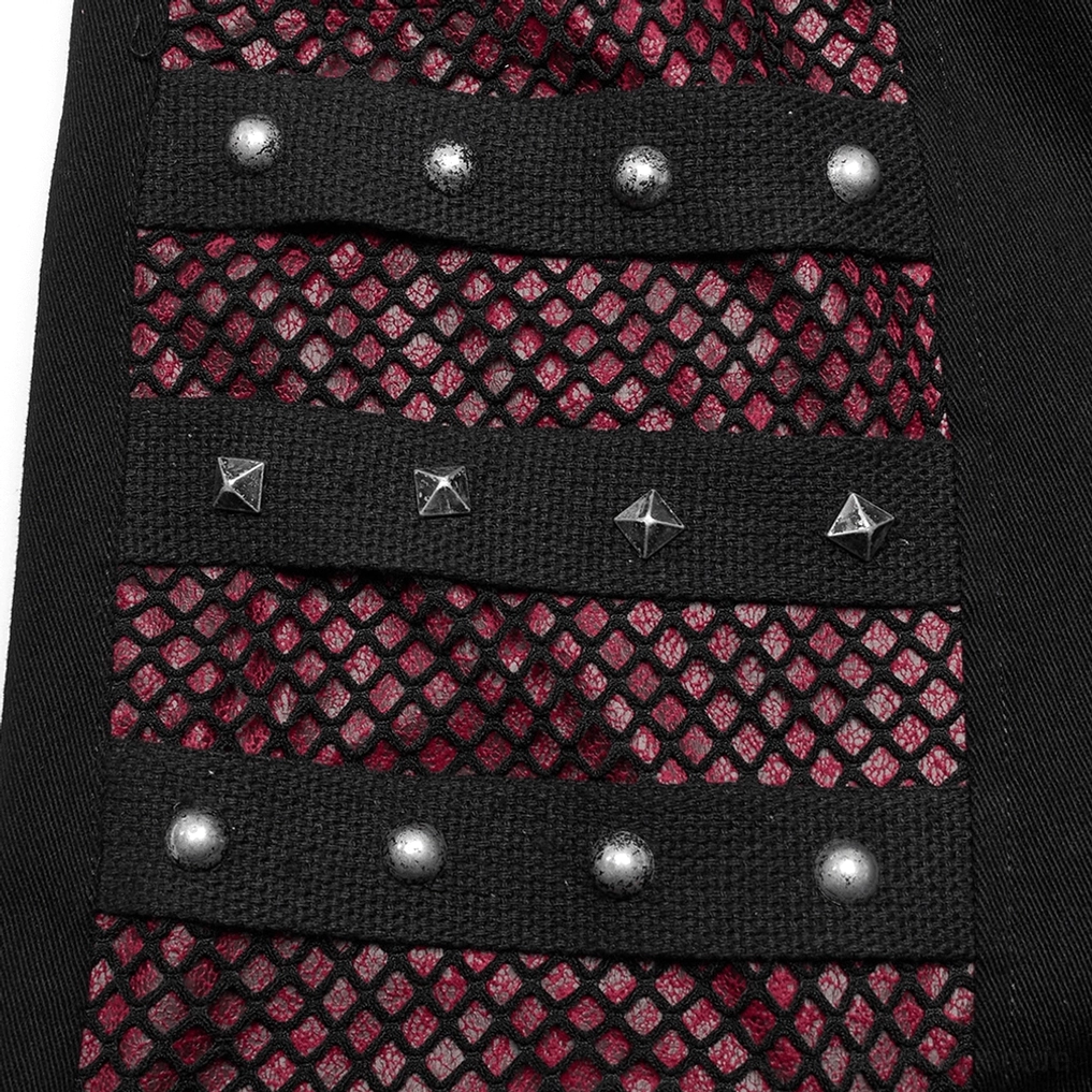 Vollständiges Flat-Lay-Layout der schwarzen Gothic weite Hose mit sämtlichen abnehmbaren weinroten Harness-Riemen-Elementen und Kunstleder-Komponenten
