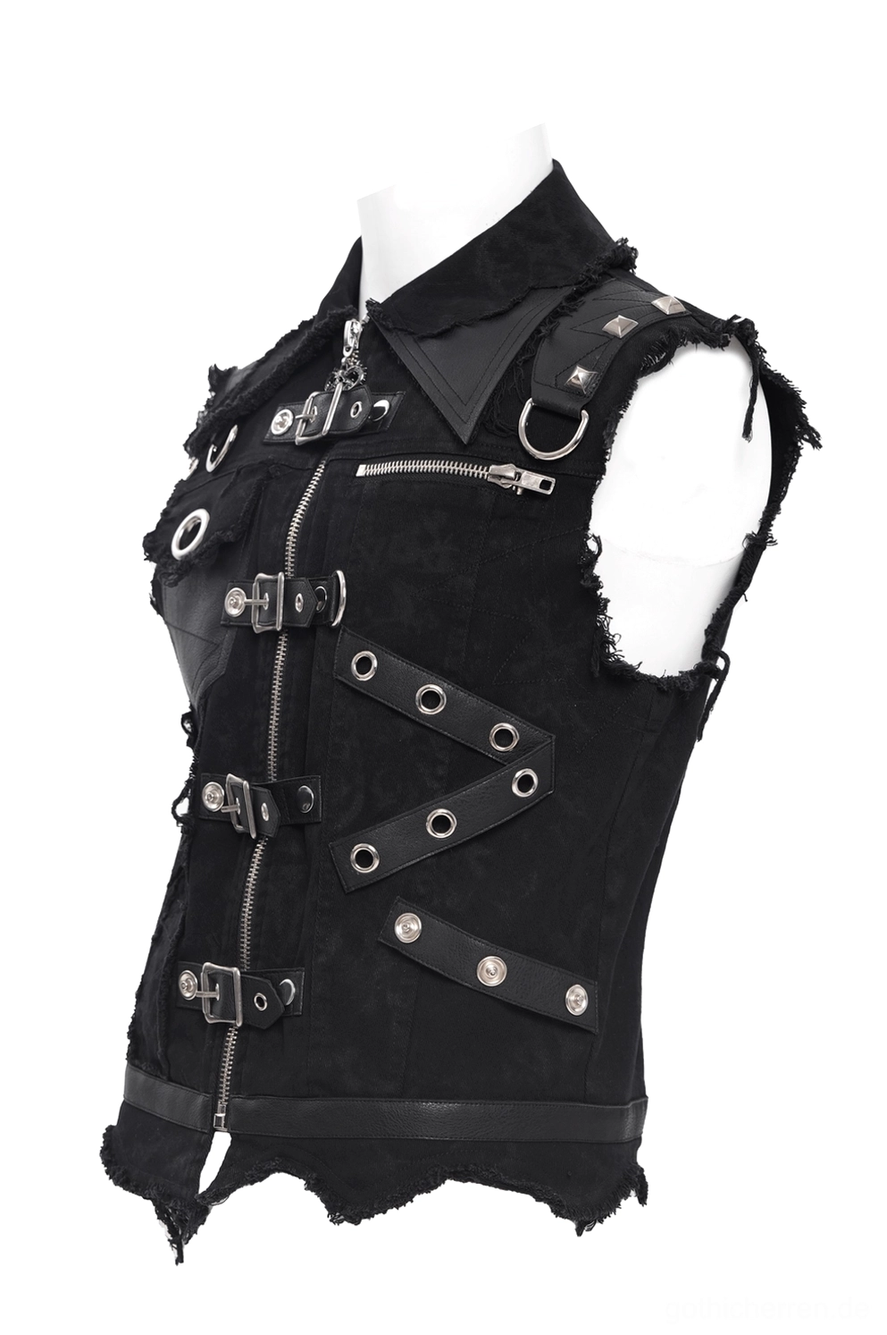Gothic Weste mit asymmetrischen Riemen Linksseite Ansicht abgeschnittene Armlöcher Industrial Design