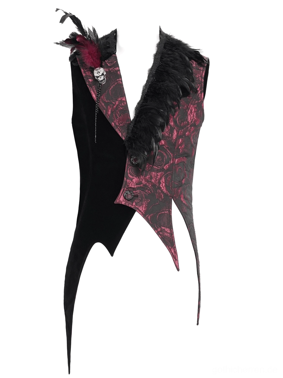 Linke Frontansicht der Gothic-Weste auf Mannequin mit Federkragendetail, Totenschädel-Anstecker und Rosenjacquard-Stofftextur