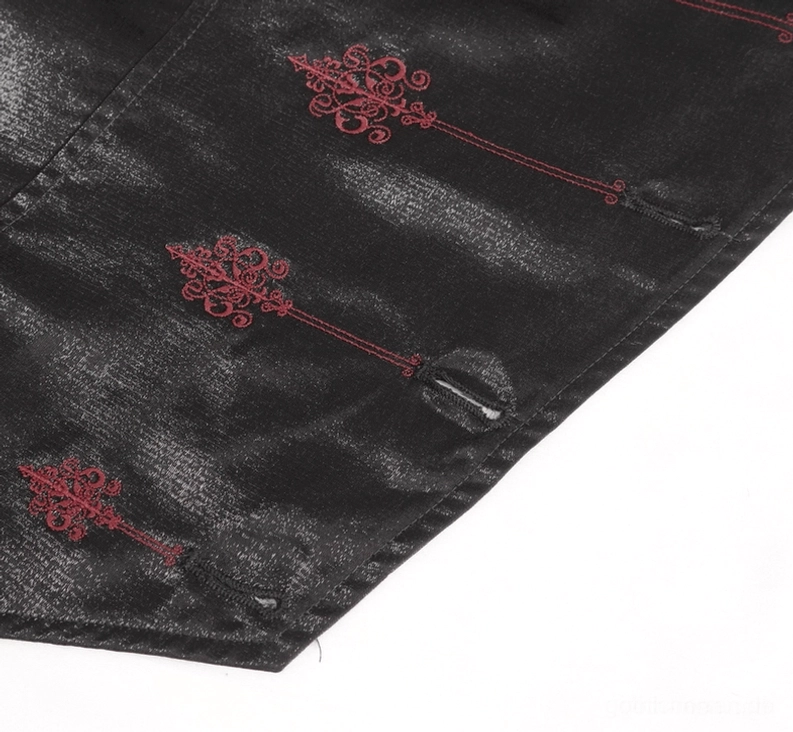 Rote Fleur-de-Lis Stickerei auf schwarzem Satin mit verzierten Knöpfen Detail