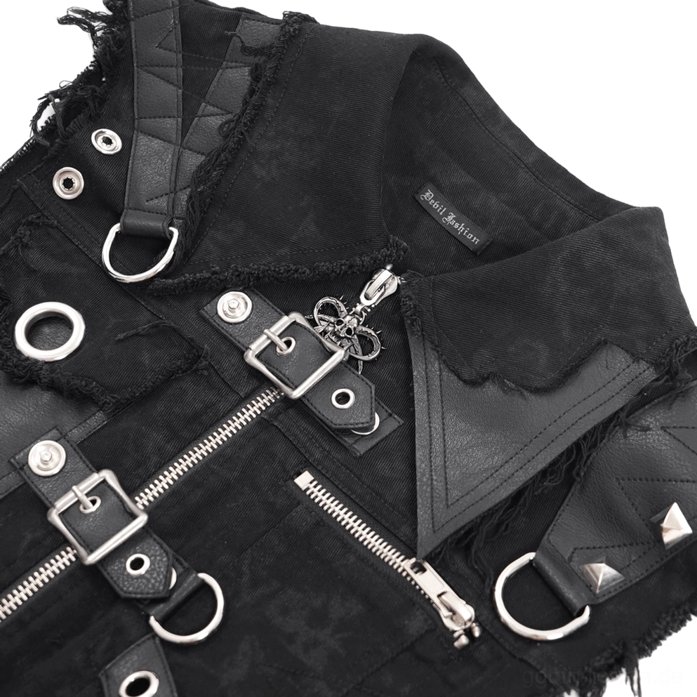 Gothic Reißverschluss Weste Hardware Nahaufnahme Metallringe Zippers ausgefranster Stoff Kunstledertrimm