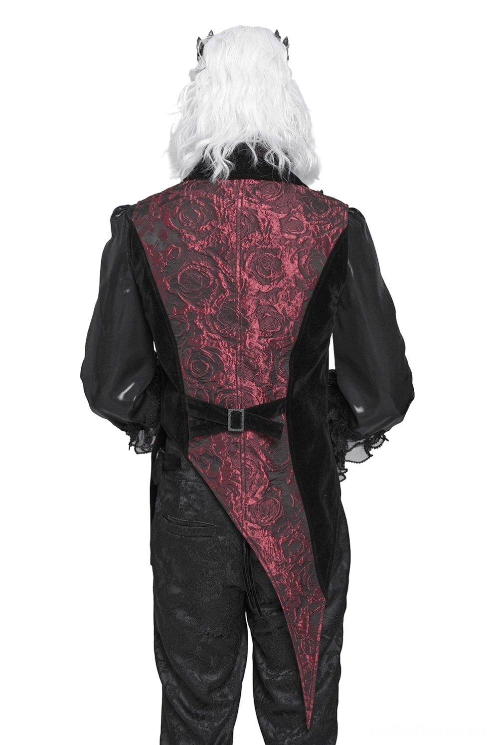 Rückansicht der weinrot-schwarzen Jacquard-Gothic-Weste mit Rosenmuster und Taillenguertelbeschlag-Detail