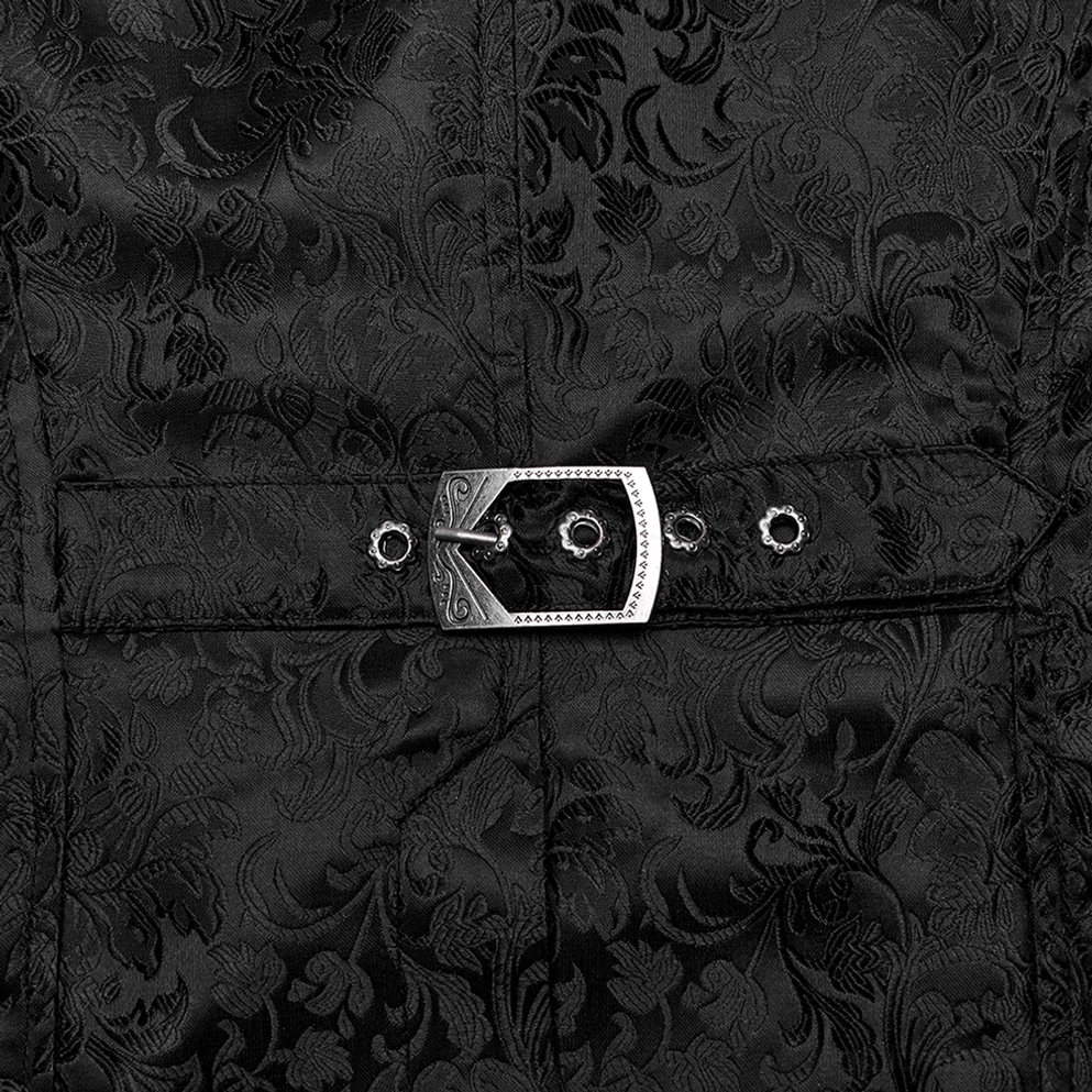 Herren-Gothic-Jacquard-Weste kombiniert mit gerüschtem formalen schwarzem Hemd für elegante Alternative Fashion