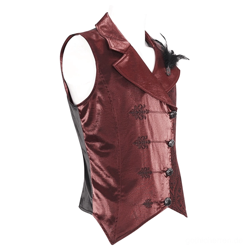 Linke Seitenansicht der Herren-Gothicweste mit asymmetrischem Saum, dekorativen Metallknöpfen und Federfibel-Detail