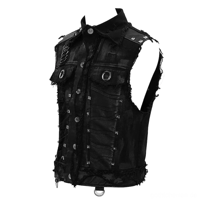 Linke Vorderseite Winkel schwarze Gothic Weste zeigt studded Kragen frayed ärmellose Schnitte und Metallhardware Details