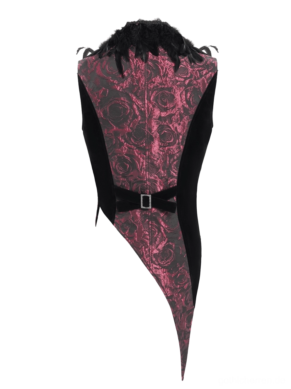 Vollständige Rückansicht der Gothic-Weste auf Mannequin mit Rosenjacquard-Muster, Taillenguertelbeschlag mit Quadratschnalle und Samtstoffkonstruktion