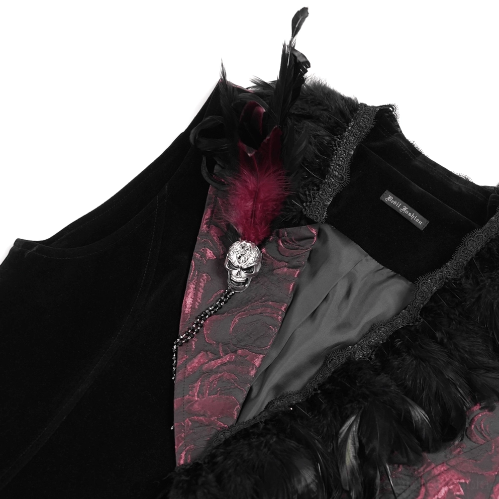 Detail der oberen Körperpartie der Gothic-Weste mit Federsaum, Rosenjacquard-Brokat und Schulterkonstruktion