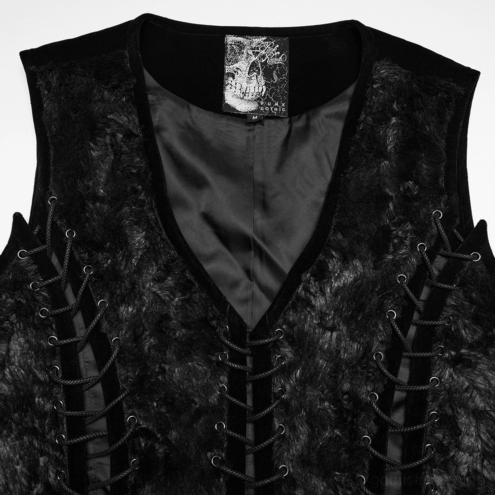 Gothic Weste V-Ausschnitt Halslinie, Satinlabel Innenseite und Metallösen-Schnürung Detailnahaufnahme