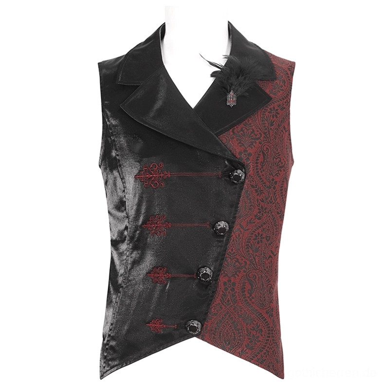 Schwarze Weinrot Gothic Weste Frontansicht auf Mannequin mit Feder-Brosche und rotem Paisley-Panel
