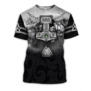 Schwarzes Gothic-Wikinger-T-Shirt Vorderansicht mit Valknut-Dreieck, Mjölnir-Thor-Hammer und Wikinger-Krieger Drachenkampf-Druck in 3D Retro-Tattoo-Stil nordische Mythologie Grafik