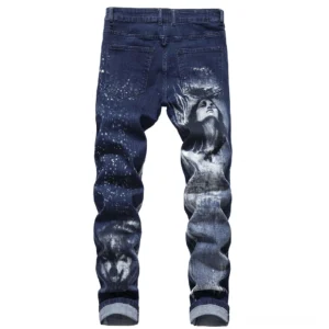 Gothic Wolf Frau 3D Print Denim Jeans Rückansicht mit passendem Kunstwerk und Säure-Wasch-Details Herren