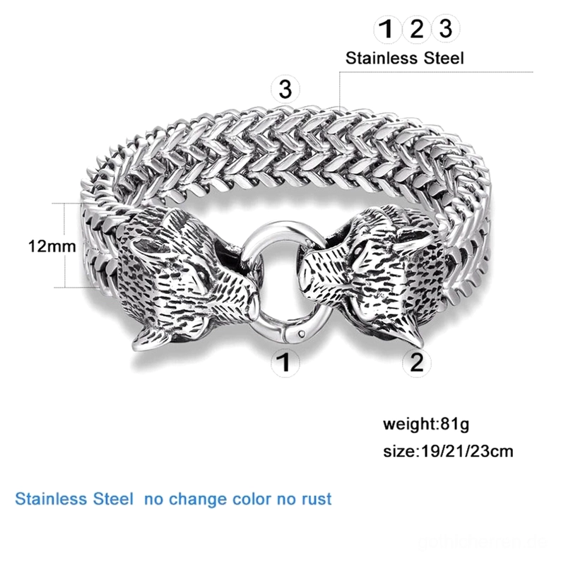 Gothic Wolfskopf Edelstahl Armband mit Produktspezifikationen, 12mm Kettenbreite, rostfreies Material, Flachaufnahme mit Größenangaben und Gewichtsdetails