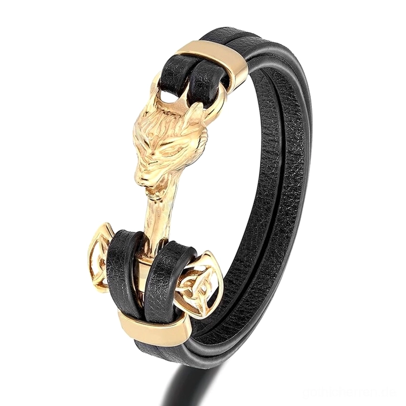 Goldtonales Wolfsschädel Lederarmband mit keltischen Knotenmustern, Edelstahl Gothic-Anhänger, unisex dunkles Armband für alternative Subkulturen und Witchcraft-Ästhetik