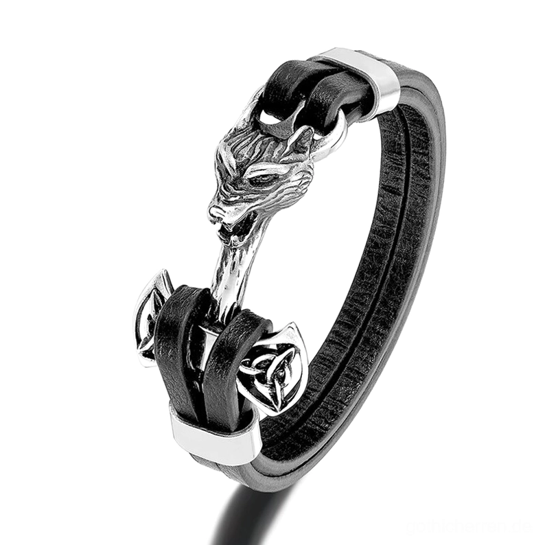 Gothic Wolfsschädel Lederarmband mit keltischen Knotenverzierungen, silberner Edelstahl-Anhänger, vintage-inspiriertes unisex Armband im dunklen Stil für Goths und Dark-Academia-Fans