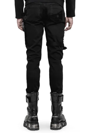 Rückansicht Gothic-Denim mit Distressed-Details, Gesäßtaschen und verstellbaren Beinriemen