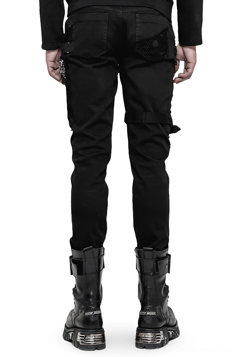 Rückansicht Gothic-Denim mit Distressed-Details, Gesäßtaschen und verstellbaren Beinriemen