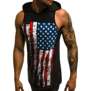 Vier Farbvarianten des zerstörten amerikanischen Flaggen-Gothic-Tanktops – Farbmuster-Display in Weiß, Schwarz, Burgunderrot und Olivgrün