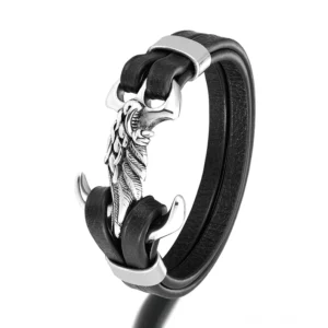 Silberton Gothisches Adlerflügel-Lederarmband mit detaillierter geschnitzter Metalladler-Klaue und Premiumleder-Konstruktion für Herren
