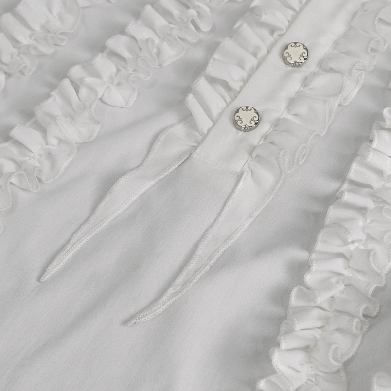 Alternative Mode gotisches weißes Rüschenhemd Gewebestruktur und Webstruktur Nahaufnahme, polyester-Stoffqualität