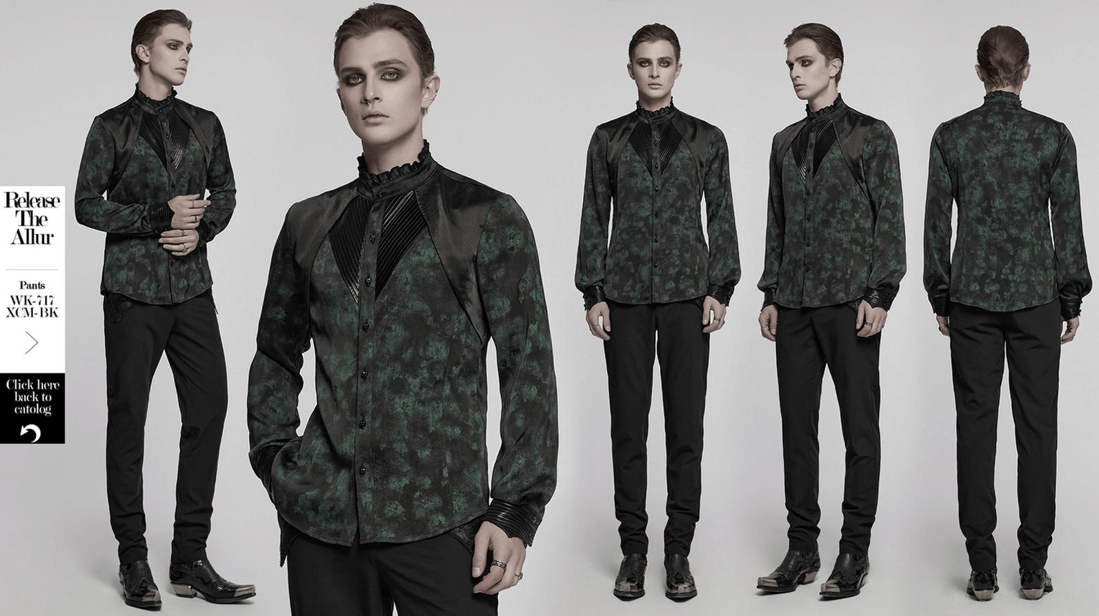 Gothisches plissiertes Schulter-Hemd Vollansicht auf Model mit alternativen Modezubehör, Ketten und Schmuck in professionellem Studio-Setting mit weißem Hintergrund