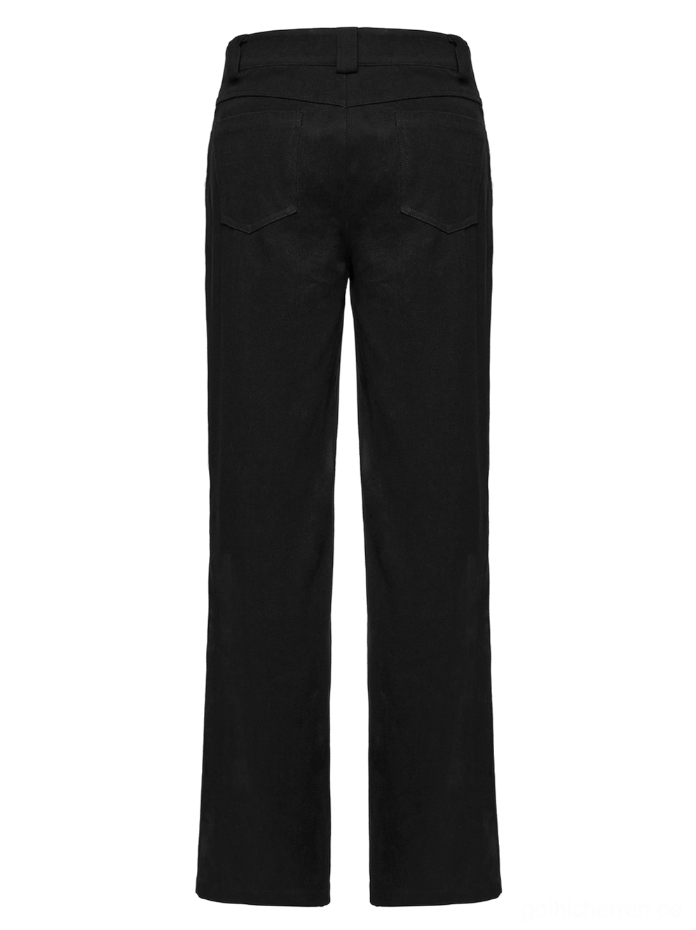 Herrenmode gotische Hose Rückseite – Flachlage zeigt symmetrische Gesäßtaschen-Platzierung, mattes schwarzes Gewebe und strukturelle Rückseiten-Konstruktion