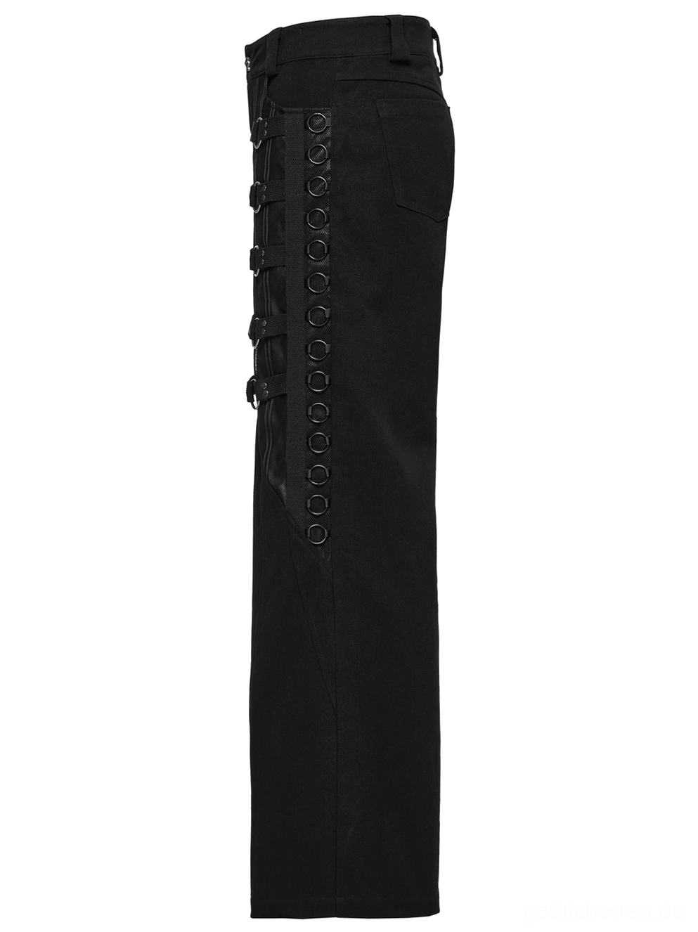 Gotische Hose Seitenprofil – Vertikales Metallring-Trim-Design auf der Seite, vollständige weite Beinsilhouette und seitliche Hardware-Anordnung