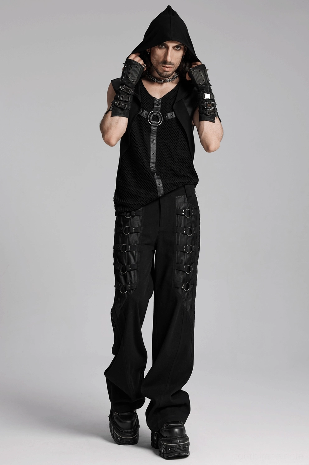 Gotische schwarze Schlaghose Stoffzusammensetzung – Materialspezifikationen, Twill-Hauptstoff-Prozentsatz, Mesh-Panel-Material und Elastan-Details in Referenztabelle