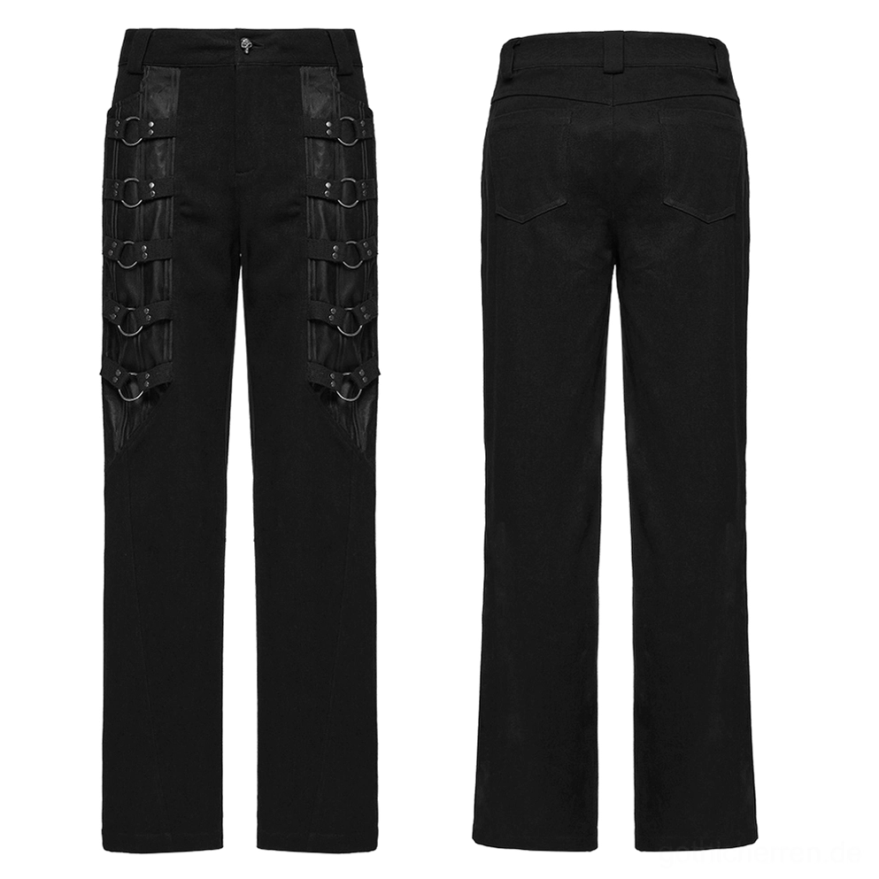 Gothic wide-leg black trousers front and back flat lay – Duale Metallring-Hardware-Details, Struktur und vollständiger Überblick über die Konstruktionsqualität
