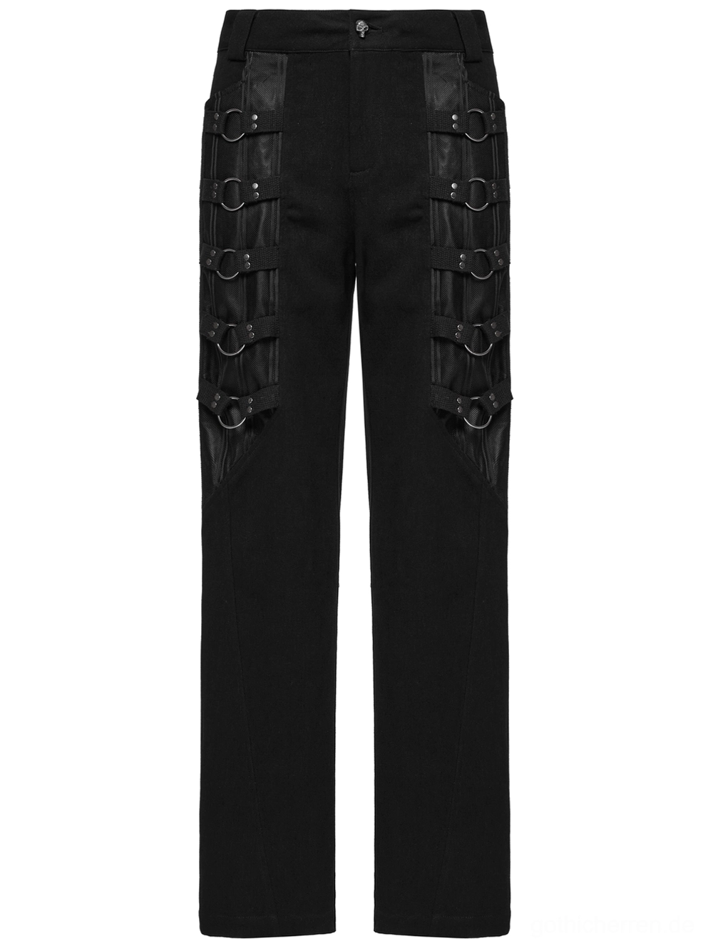 Gotische Schlaghose Vorderseite – Flachlage zeigt die dualen Metallring-Gurte, Mesh-Paneele, schwarzen Twill-Stoff und handwerkliche Verarbeitung