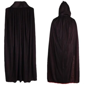 Gotischer Vampir-Umhang mit Kapuze und verstellbarem Kordelzug-Verschluss, reversibles schwarz-rotes Farbschema und doppellagige Konstruktion