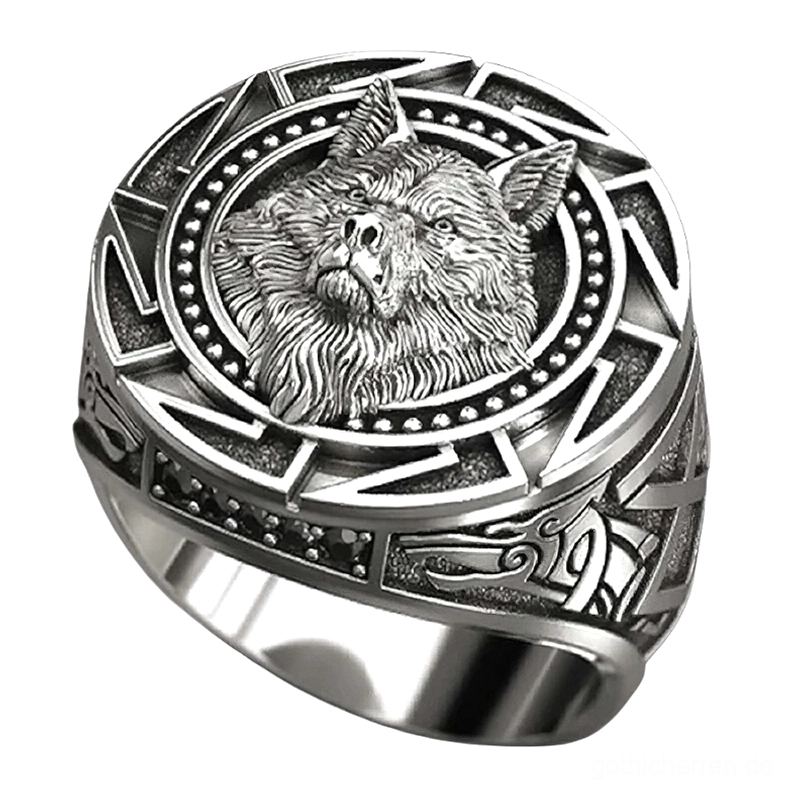 Gotischer Wolfs-Siegelring mit emailliertem keltischen Totem-Design und Stammesmustern, Antiksilber-Oberflächenfinish – Vorderansicht aus schrägem Winkel mit 3D-Relief