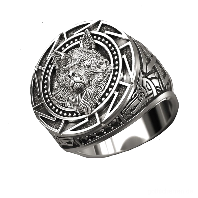 Gotischer Wolfs-Siegelring Rückansicht mit detaillierter gravierter Wolfsgeometrie und keltischer Bordüre, Alternative Seitenansicht des vollständigen Ringdesigns