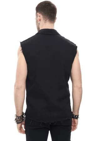Gotisches Punk-Muskelshirt Rückansicht zeigt durchgehend schwarzen Rücken und ausgefranste Saumlinie auf männlichem Model in Studio-Setting